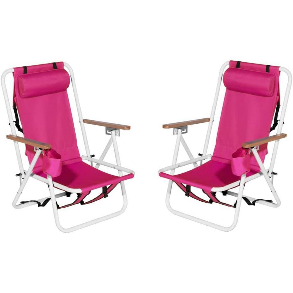 Pink Stainless Steel 4-Position Folding Beach Armchair Set