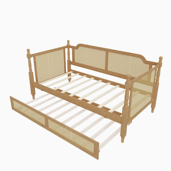 Harper & Bright Designs Antique Walnut Twin Size Rattan Daybed with Twin Size Trundle YJH149AAD