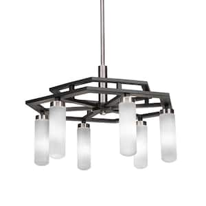 Gemini 6 Light Black & Nickel Cluster Chandelier for Dinning Table with 2.5 in. White Muslin Glass No Bulbs Included