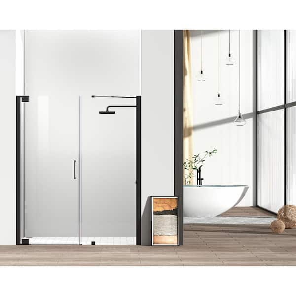 Unbranded Simply Living 60 in. W x 72 in. H Semi-Frameless Hinged Shower Door in Matte Black with Clear Glass