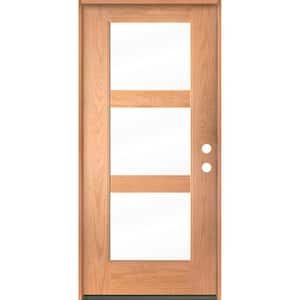 BRIGHTON Modern 36 in. x 80 in. 3-Lite Left-Hand/Inswing Clear Glass Teak Stain Fiberglass Prehung Front Door