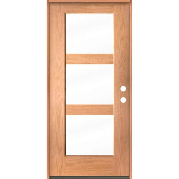 BRIGHTON Modern 36 in. x 80 in. 3-Lite Left-Hand/Inswing Clear Glass Teak Stain Fiberglass Prehung Front Door