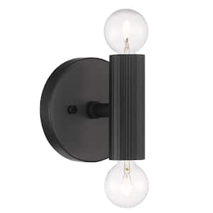 Windrush 4.75 in. 2-Light Matte Black Industrial Wall Sconce with Ribbed Metal Accent