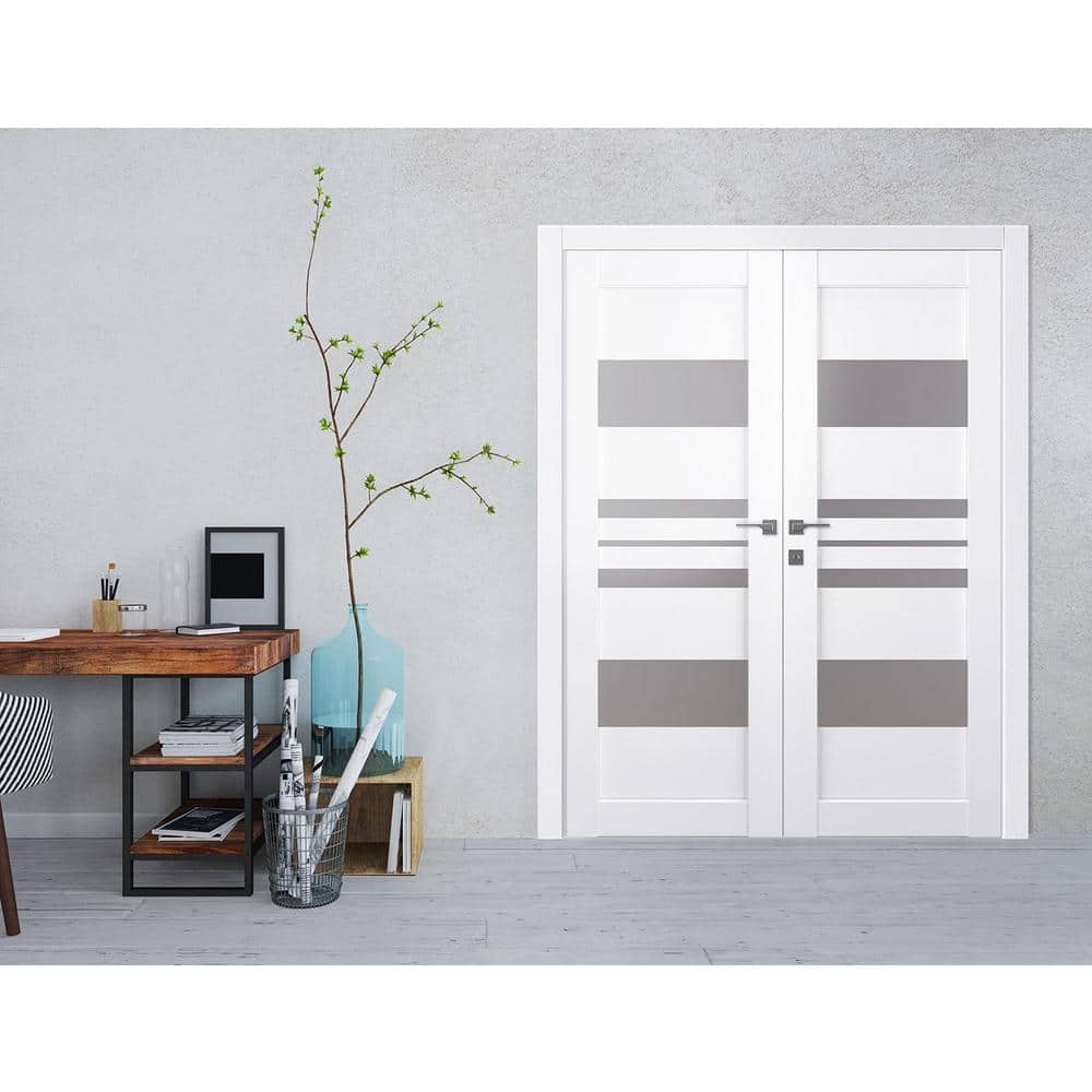 Romi 72" x 80" Frosted Glass Pine Composite Double Prehung French Door