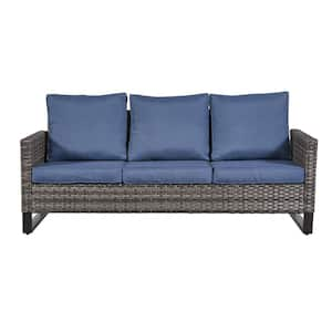 U-Shaped Foot Series 3-Seat Wicker Outdoor Patio Sofa Couch with Deep Seating and Cushions (Gray/Blue)