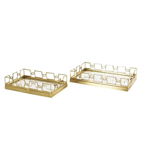 Litton Lane Gold Stainless Steel Metal Geometric Decorative Tray with Wire Rod Frame and Mirrored Glass Interior (Set of 2)