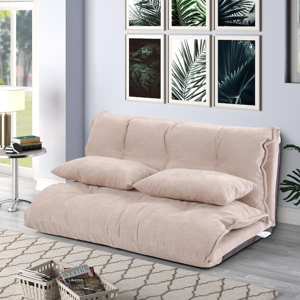 Unbranded Lazy Susan Bed Beige Fabric Adjustable Folding Futon Sofa with 2 Pillows