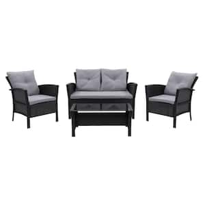 Cascade Black 4-Piece Resin Wicker Patio Conversation Set with Grey Cushions