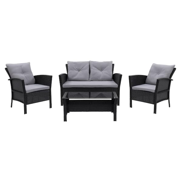 CorLiving Cascade Black 4-Piece Resin Wicker Patio Conversation Set with Grey Cushions