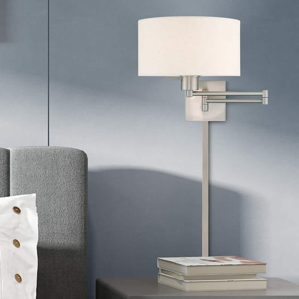 Elegant Brushed Nickel Swing Arm Wall Lamp with Oatmeal Fabric Shade