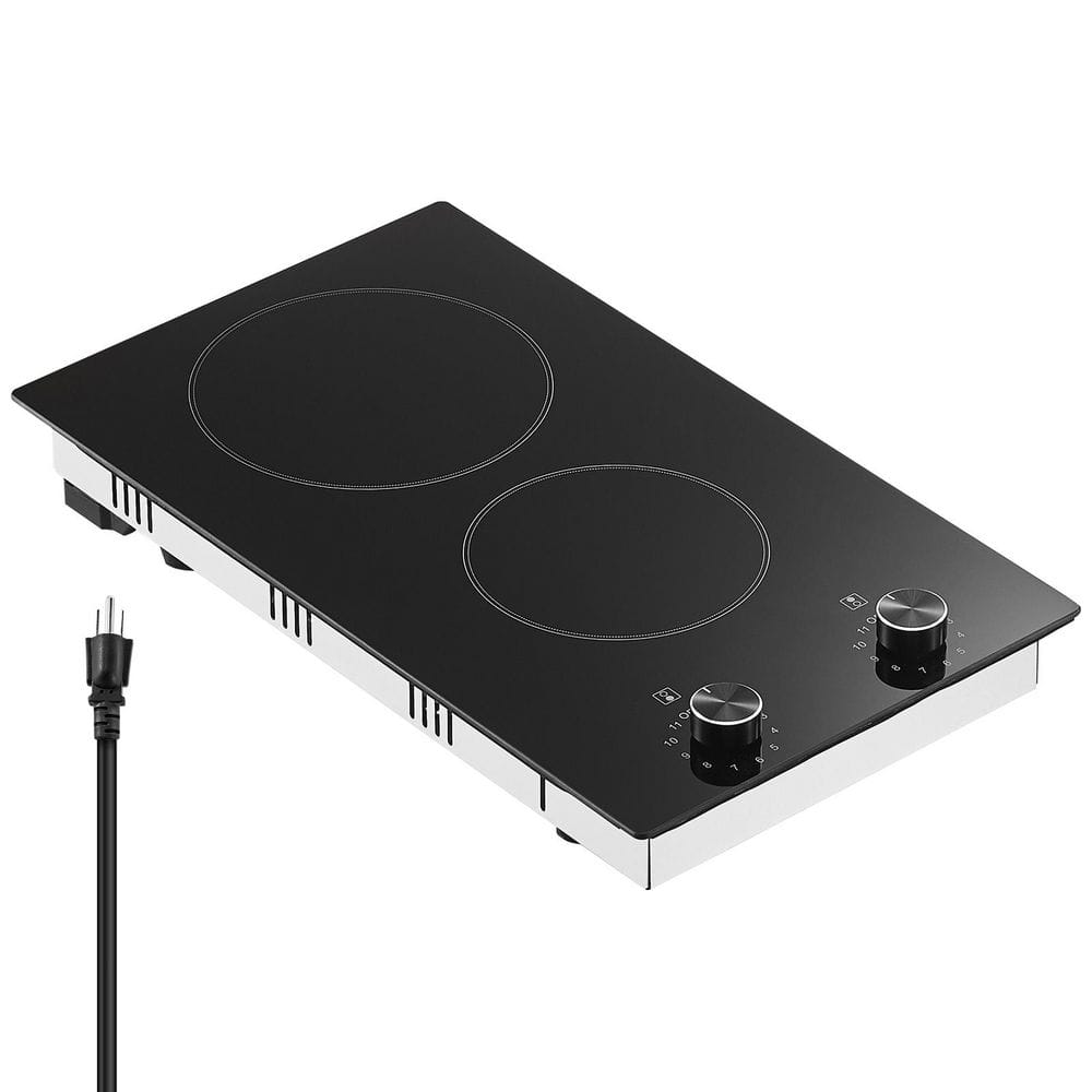 SKYSHALO Electric Cooktop, 12 in. 2 Burners Built-in Electric Stove Top, 1800 W Ceramic Top Radiant Cooktop, with Glass Panel