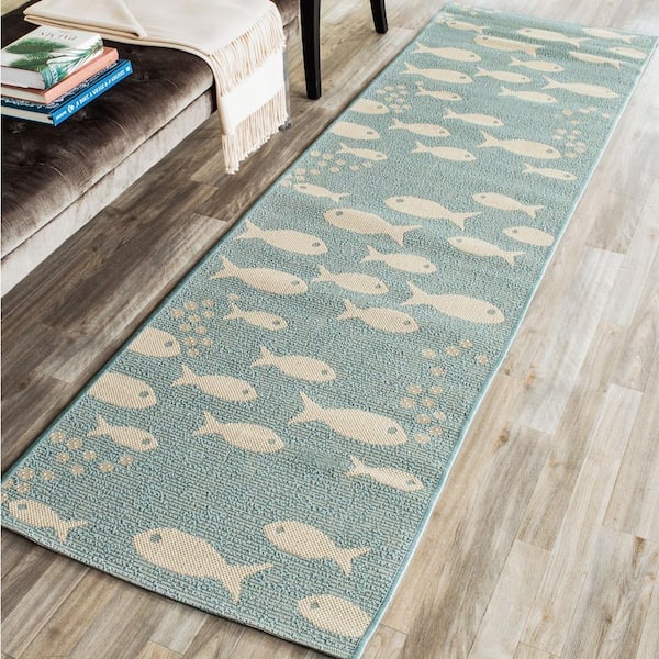 Courtyard Aqua/Beige 2 ft. x 16 ft. Novelty Fish Indoor/Outdoor Runner Rug