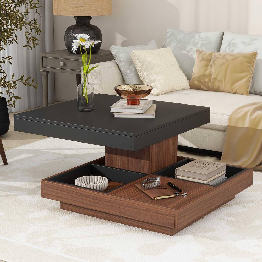 27.56 in. Black / Dark Walnut Square MDF Coffee Table with 360°Rotating Top and 3 Detachable Tray