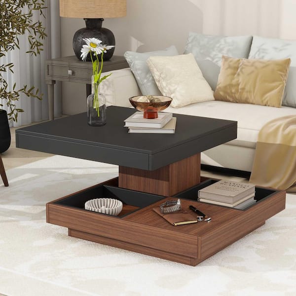 27.56 in. Black / Dark Walnut Square MDF Coffee Table with 360° Rotating Top and 3-Detachable Tray