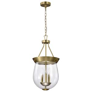 Boliver 60-Watt 3-Light Vintage Brass Shaded Pendant Light with Clear Seeded Glass Shade and No Bulbs Included