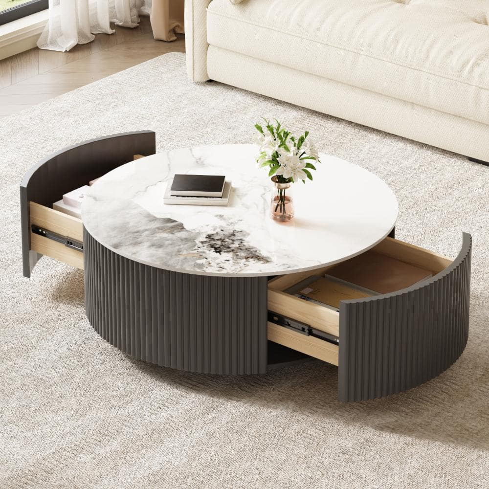 Qualler Gray 29.5 in. W Round Movable Coffee Table with Casters, 2