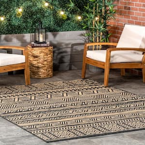 Abbey Tribal Striped Charcoal 6 ft. 7 in. x 9 ft. Indoor/Outdoor Patio Area Rug