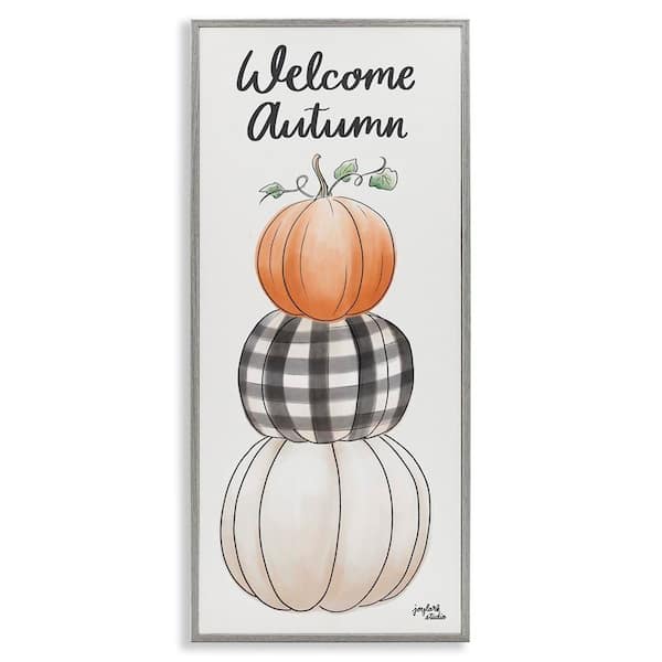 Stupell Industries Welcome Autumn Seasonal Tartan Pumpkin Patterns by Jess Baskin Gray Framed Graphic Typography Art Print 10 in. x 24 in.