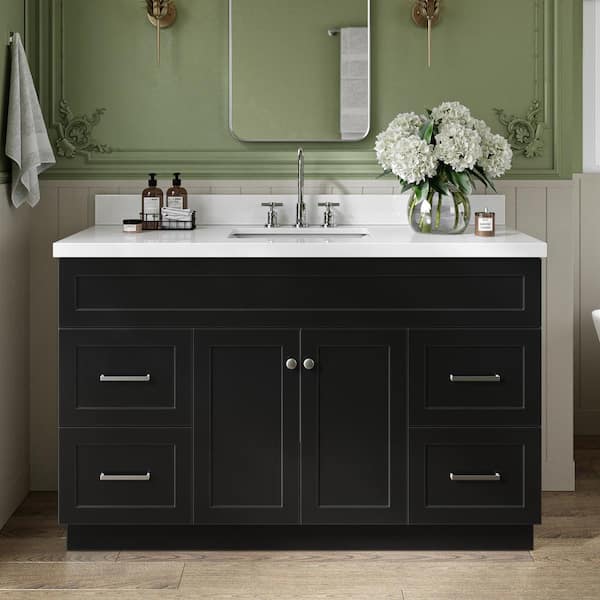 Hamlet 55 in. W x 22 in. D x 36 in. H Bath Vanity in Black with White Pure White Quartz Top