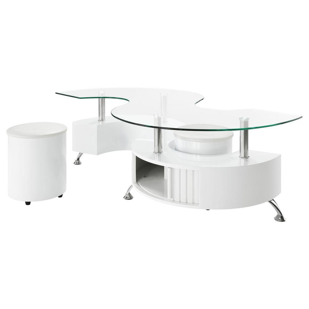 Curved Glass Top Coffee Table with White Stools
