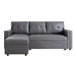 54 in. Reversible Sleeper Rolled Arm Air Faux Leather L-Shaped Sofa with Storage and USB Ports in Gray