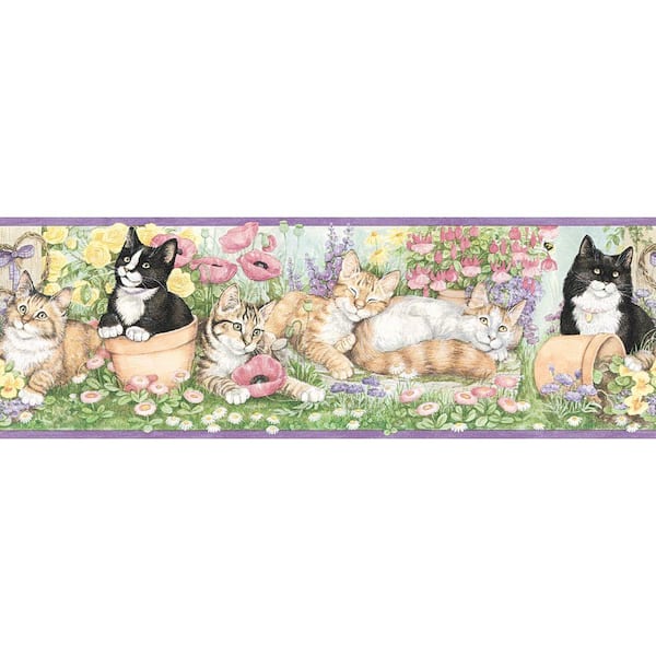 The Wallpaper Company 8 in. x 10 in. Purple Gardening Kittens Border Sample-DISCONTINUED