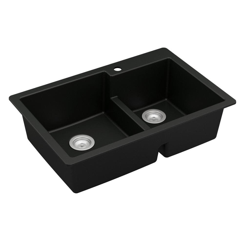 Black Quartz 33'' Double Bowl Top Mount Kitchen Sink