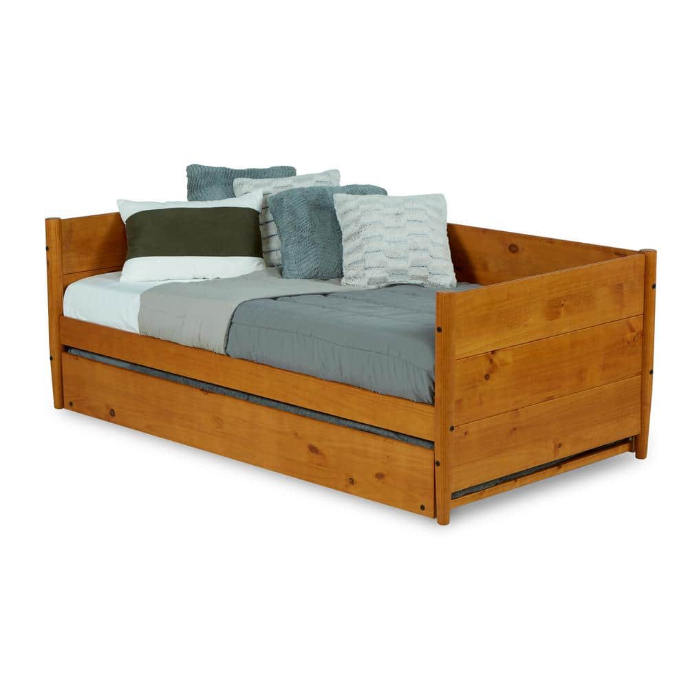 Mid-Century Pine Twin Daybed with Trundle and Wood Slats