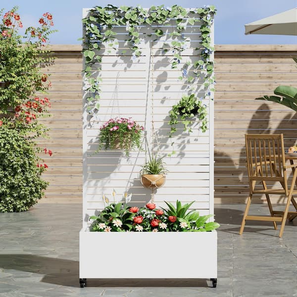 73 in. x16 in. x35 in. White Metal Iron Planter Box with Attached Trellis for Climbing Vegetation