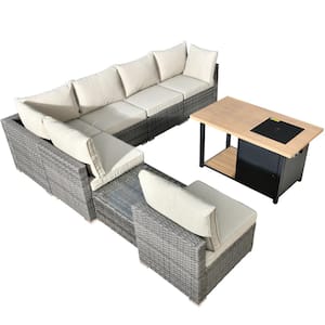 Messi Gray 8-Piece Wicker Outdoor Patio Conversation Sectional Sofa Set with a Storage Fire Pit and Beige Cushions