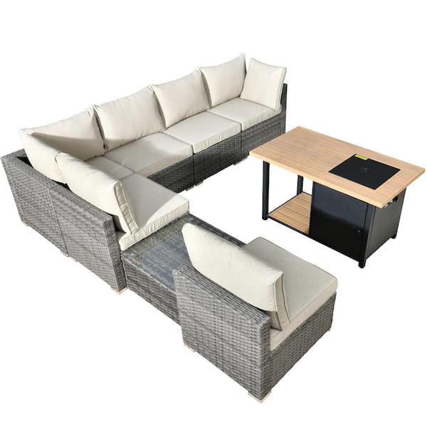 Messi Gray 8-Piece Wicker Outdoor Patio Conversation Sectional Sofa Set with a Storage Fire Pit and Beige Cushions