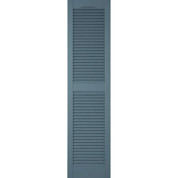 Ekena Millwork 12 in. x 33 in. Lifetime Vinyl TailorMade Cathedral Top Center Mullion Open Louvered Shutters Pair Wedgewood Blue