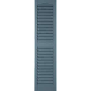 12 in. x 65 in. Lifetime Vinyl Custom Cathedral Top Center Mullion Open Louvered Shutters Pair Wedgewood Blue