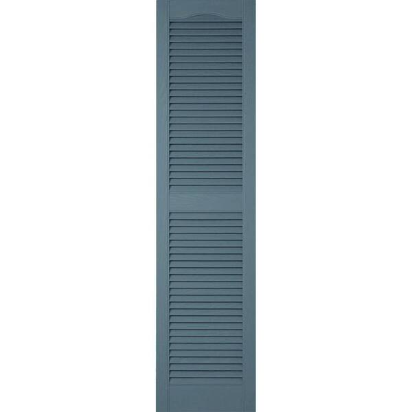 Ekena Millwork 12 in. x 67 in. Lifetime Vinyl Custom Cathedral Top Center Mullion Open Louvered Shutters Pair Wedgewood Blue