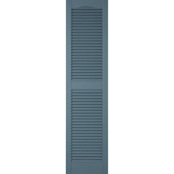 Ekena Millwork 18 in. x 63 in. Lifetime Vinyl Custom Cathedral Top Center Mullion Open Louvered Shutters Pair Wedgewood Blue