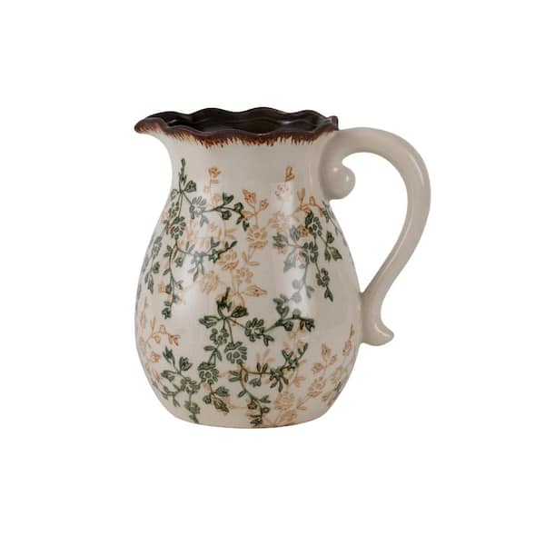8.2 in. Vintage Green and Beige Ceramic Vase with Handle, Retro Ice-Cracked Chinoiserie Floral Pitcher