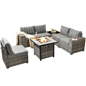 Tahoe Grey 7-Piece Wicker Wide Arm Outdoor Patio Conversation Sofa Set with a Fire Pit and Striped Grey Cushions