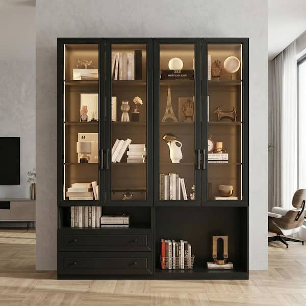Black Wood 63 in. W Sideboard Kitchen Cabinet with Doors, LED Lights, Drawers, Adjustable Shelves