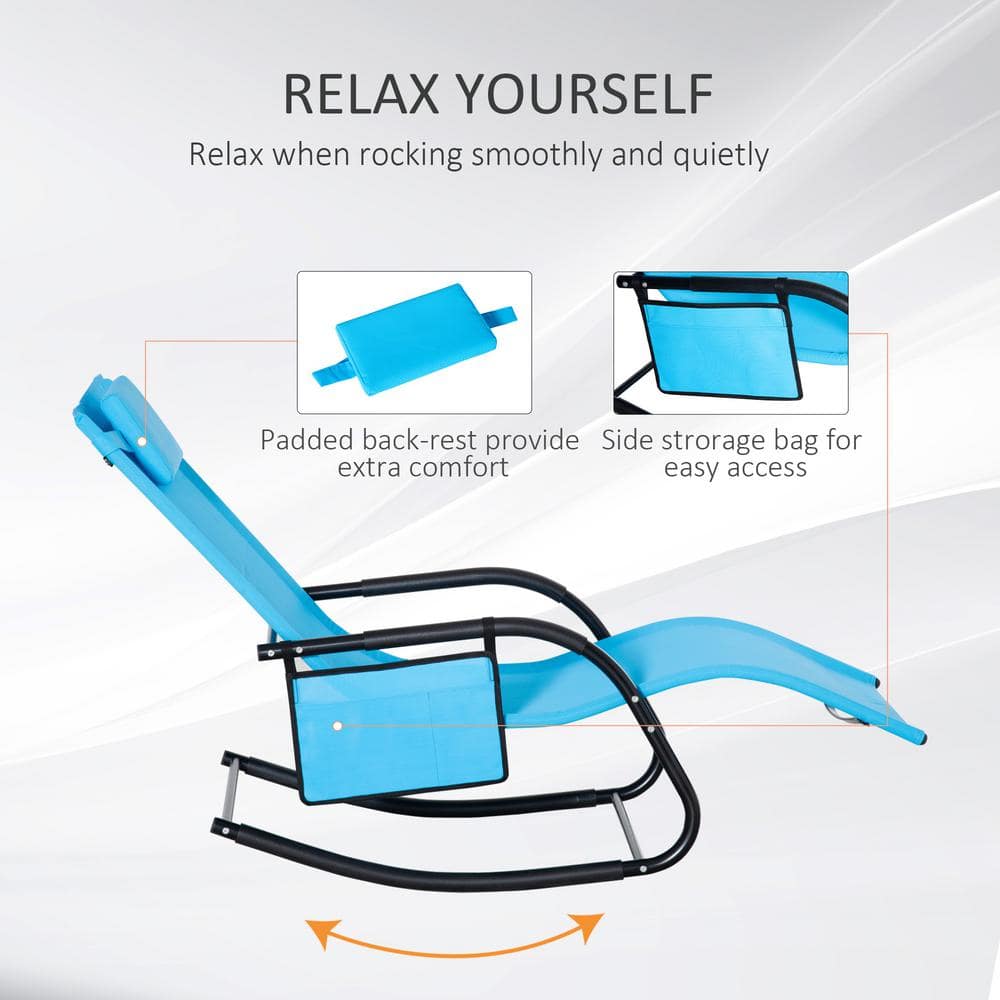 Sky Blue Outdoor Rocking Recliner with Cushioned Headrest and Side Pocket