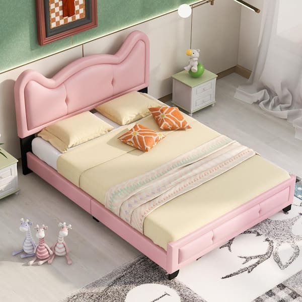 Harper & Bright Designs Pink Full Size PU Leather Upholstered Wood Platform Bed, Kids Bed with Cartoon Ears Shaped Headboard