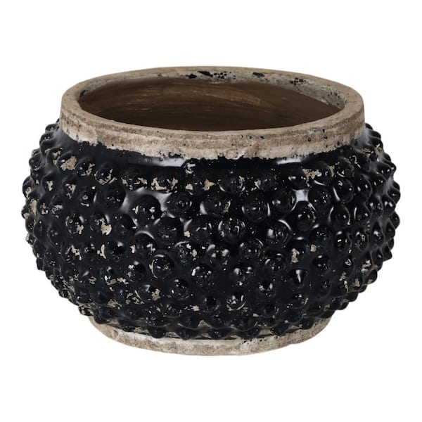 12 in. x 7 in. Black Terracotta Round Bubble Decorative Pot