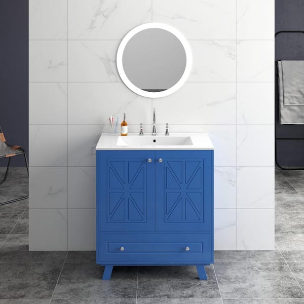 EPOWP 30 in. W x 18.3 in. D x 33 in. H Freestanding Bath Vanity in Blue with White Ceramic Top Single Basin Sink and Storage