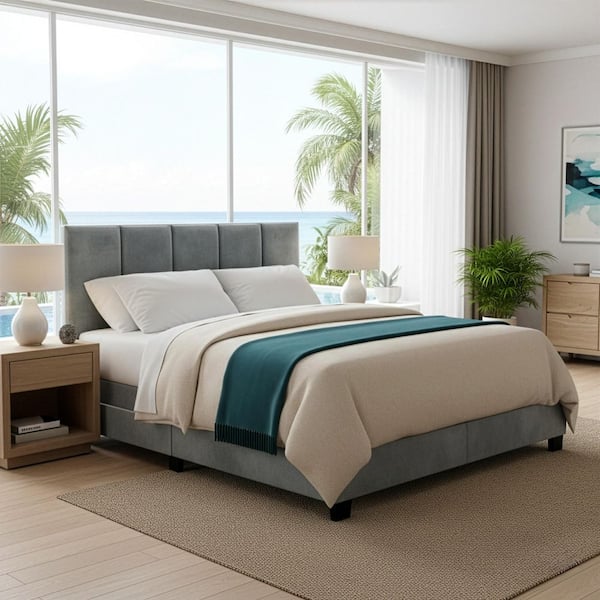 Arty Silver Grey Velvet Queen Bed with Line Stitch Tufting