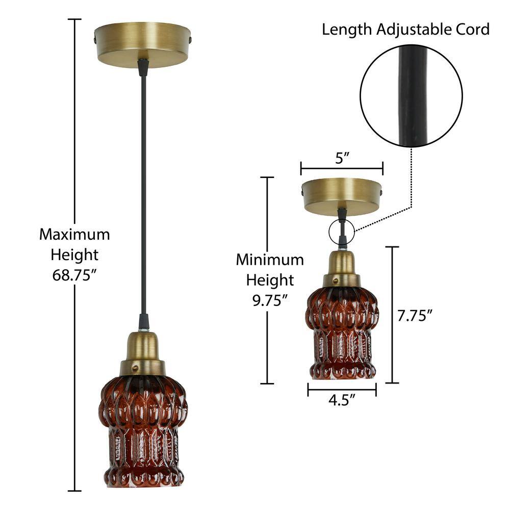 Brown Textured Glass and Gold Metal Pendant Light