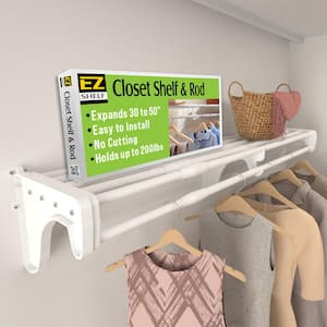 Expandable DIY Closet Shelf & Rod 30 in - 50 in W, White, Mounts to Back Wall with 2 End Brackets, Wire, Closet System