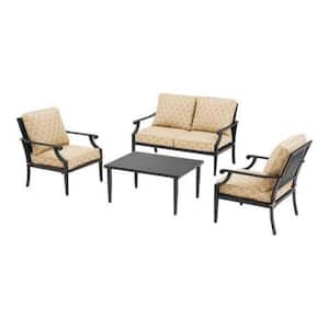 Braxton Park 4-Piece Black Steel Outdoor Conversation Deep Seating Set with CushionGuard Toffee Trellis Tan Cushions