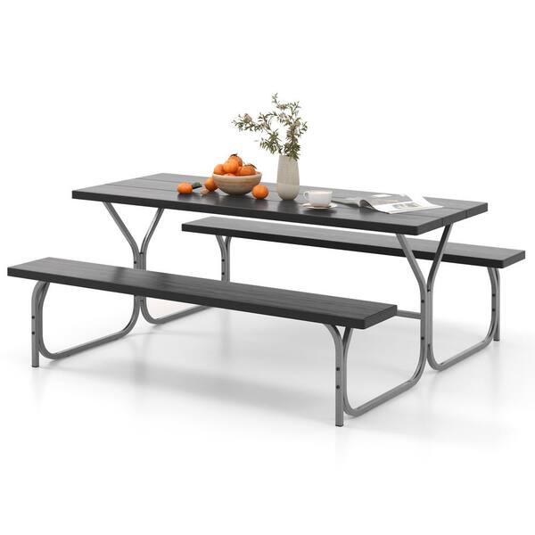 72 in. Black Rectangle Metal Picnic Table Bench Set with HDPE Tabletop with Umbrella Hole for 8 Person