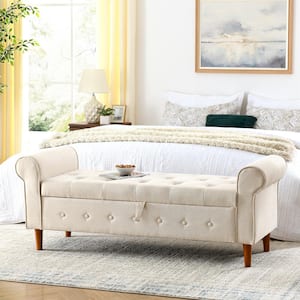 Beige 62 in. Tufted Button Bedroom Bench with Rolled Arm Linen Upholstered Storage Ottoman with Wood Legs