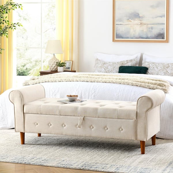 Unbranded Beige 62 in. Tufted Button Bedroom Bench with Rolled Arm Linen Upholstered Storage Ottoman with Wood Legs
