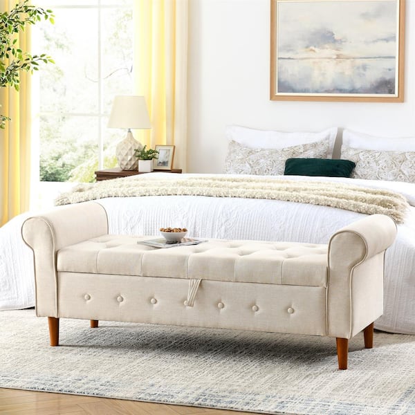 CSC DECOR INC Beige 62 in. Tufted Button Bedroom Bench with Rolled Arm Linen Upholstered Storage Ottoman with Wood Legs